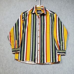 GUESS Shirt Mens Large Green Striped Regular Fit Collar Casual Button Down Vtg